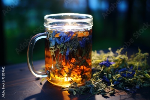 Steaming Mug infused tea. Herb glass. Generate Ai