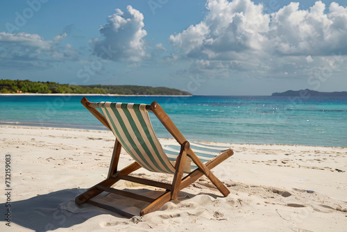Relaxing beach scene. Two chairs and umbrella on beautiful white sand beach, sunny day by the ocean.