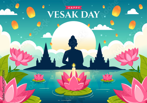 Vesak Day Celebration Vector Illustration with Temple Silhouette, Lotus Flower, Lantern or Buddha Person in Holiday Flat Cartoon Background
