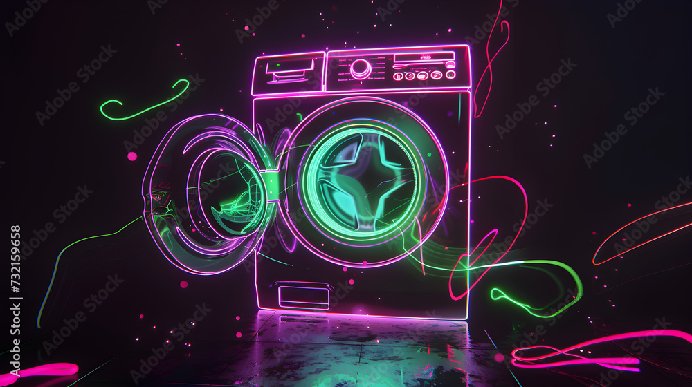Vintage neon washing machine with green and pink light trails isolated on black background. Created with generative AI.