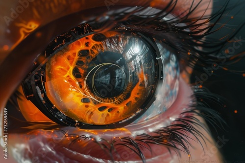Human Cyborg AI Eye intraocular lens. Eye glaucoma optic nerve lens hardy rand rittler test color vision. Visionary iris lens opacity sight cornea eyelashes photo