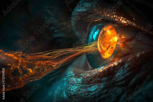 Human Cyborg AI Eye visual cortex. Eye visual acuity chart optic nerve lens eye emergency color vision. Visionary iris planet sight photoreceptors eyelashes photo