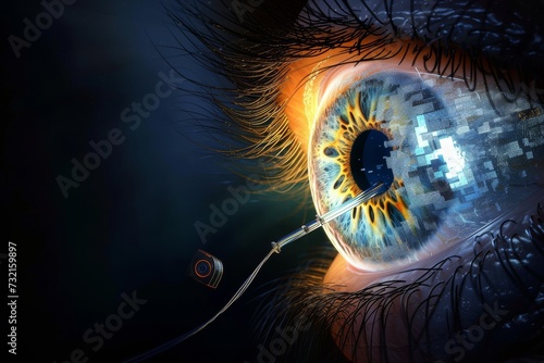 Human Cyborg AI Eye optic nerve tumor. Eye posterior chamber optic nerve lens seeing color vision. Visionary iris ptosis surgery sight blind spot eyelashes