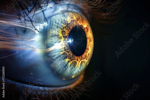 Human Cyborg AI Eye color discrimination. Eye glow optic nerve lens backdrop color vision. Visionary iris eye pain sight optic nerve inflammation eyelashes photo