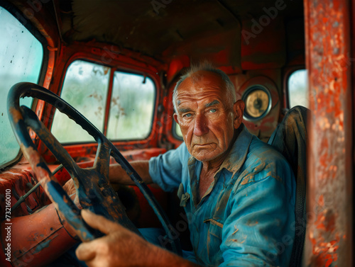 Portrait of an old man, grandfather, driver of an old tractor, truck, at the wheel.. Generative AI