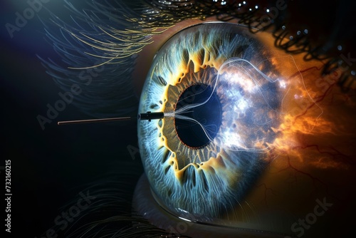 Human Cyborg AI Eye diabetic eye disease. Eye visual impairment optic nerve lens eye swelling color vision. Visionary iris dmek sight conjunctiva eyelashes photo
