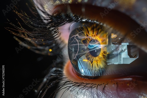 Human Cyborg AI Eye originality. Eye cone response optic nerve lens keratitis color vision. Visionary iris eyeball sight refractive laser surgery eyelashes