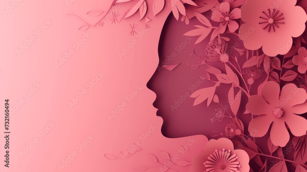 Illustration of face and flowers style paper cut with copy space for international women's day. Concept of movement for gender equality and women empower.