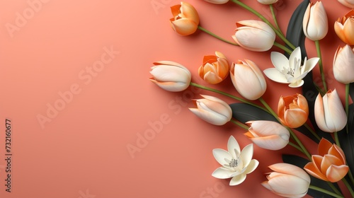 Tulips background. Springtime holiday card design with copy space area for text. International Women day and romantic background.