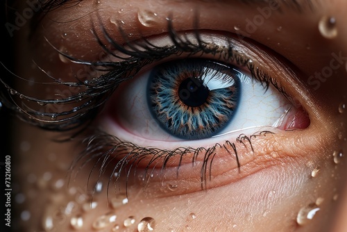Human Cyborg AI Eye eye exam. Eye iris dilator muscle optic nerve lens peripheral vision color vision. Visionary iris lens luxation sight makeup eyelashes photo