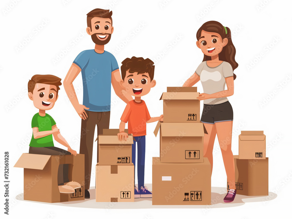 Illustration of a happy family moving in, standing by boxes, printing things out. Generated by AI Illustration of a happy family moving in, standing by boxes, printing things out. Generated by AI