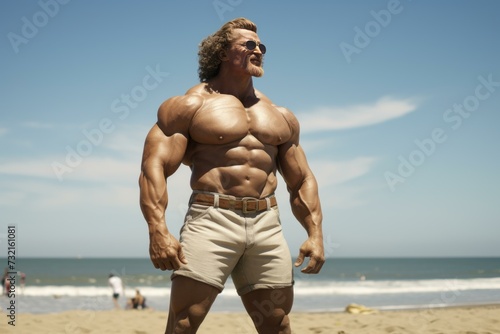 Sculpted Muscle man beach. Sunny fitness body. Generate Ai