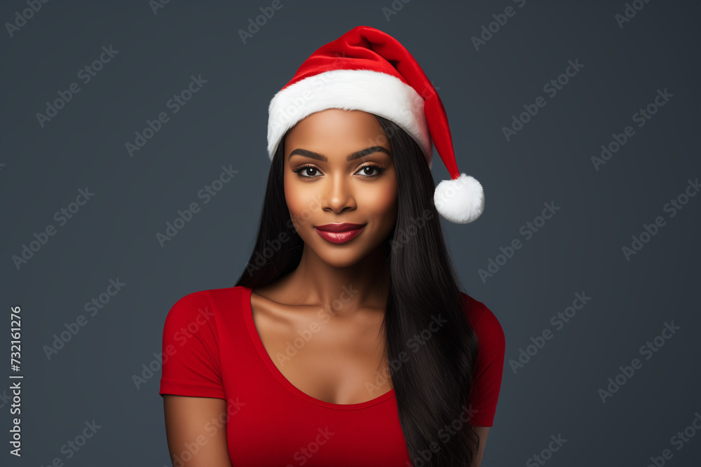 Beautiful black female model wear Santa hat Beautiful black female model wear Santa hat
