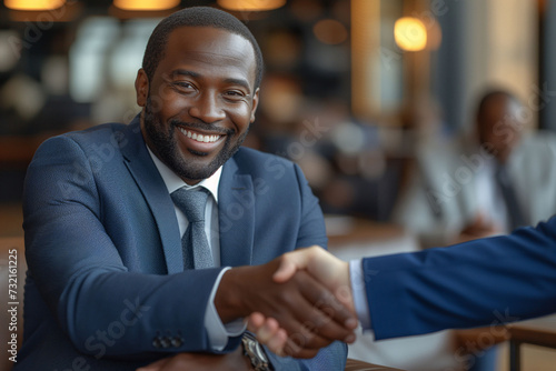 Confident African American businessman engaging in a firm handshake at a corporate meeting in a well-lit office..