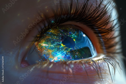 Human Cyborg AI Eye vision correction. Eye edof optic nerve lens globalization color vision. Visionary iris cranial nerve ii sight color vision eyelashes