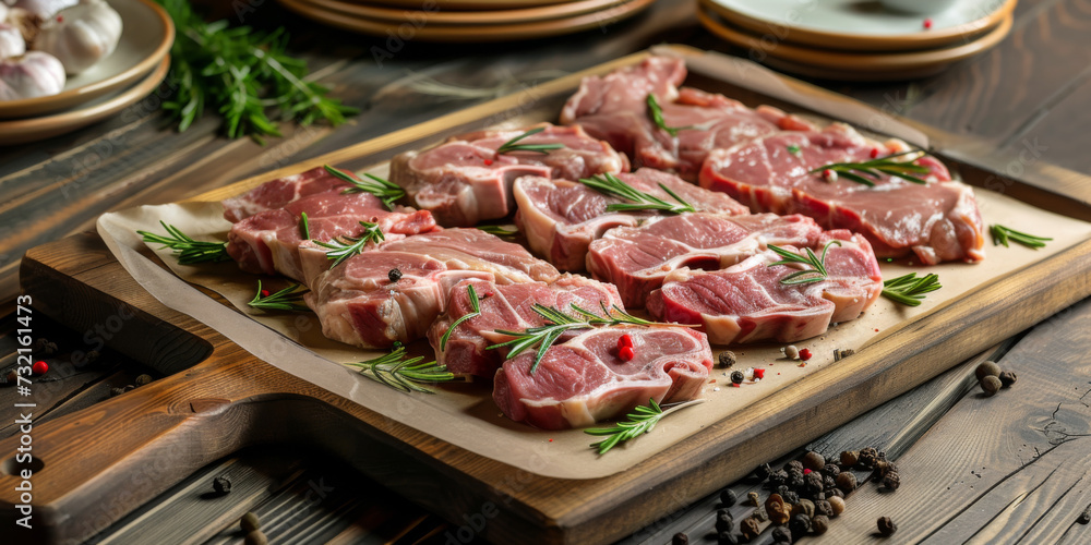 a tray of meat with ingredients on a wooden board with plates, generative AI a tray of meat with ingredients on a wooden board with plates, generative AI