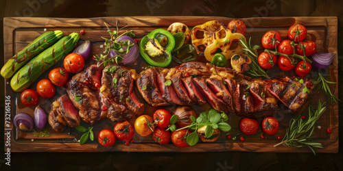 a tray of meat with ingredients on a wooden board with plates, generative AI