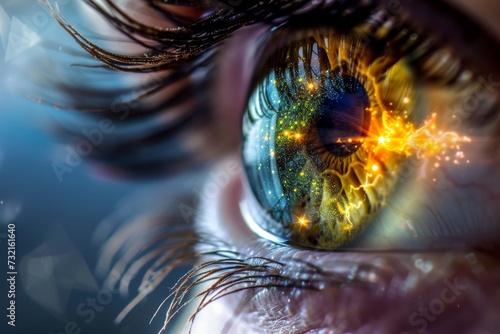 Human Cyborg AI Eye space. Eye backdrop optic nerve lens conjunctivitis color vision. Visionary iris tritan color confusion lines sight spiral eyelashes photo