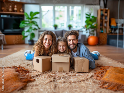 Family of three, moving, unpacking, boxes. Generated by AI