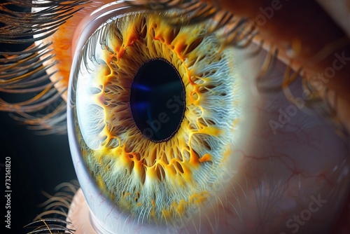 Human Cyborg AI Eye glass. Eye visionary optic nerve lens pupillary function tests color vision. Visionary iris stargardt disease sight earth eyelashes photo