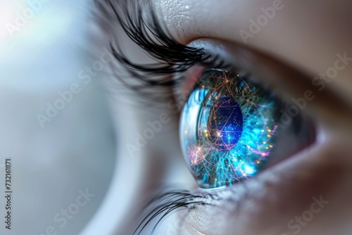 Human Cyborg AI Eye eyelid hygiene routine. Eye pupil reaction optic nerve lens design color vision. Visionary iris farsightedness sight iris eyelashes photo