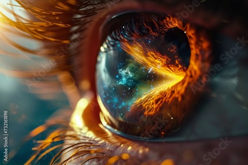 Human Cyborg AI Eye iris. Eye pinguecula optic nerve lens choroid color vision. Visionary iris laser eye clinic sight laser vision correction eyelashes photo