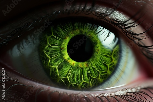 Human Cyborg AI Eye looking. Eye light optic nerve lens visual acuity color vision. Visionary iris visionary success sight color vision norms eyelashes