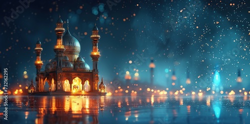 Artistic Aura: Generative AI-Created Ramadan Kareem Greeting with Crescent and Lanterns