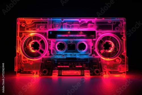 Retro Music cassette neon. Music radio. Generate Ai