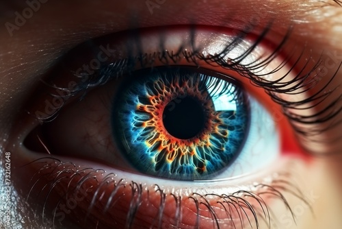 Human Cyborg AI Eye refraction. Eye erg optic nerve lens eyelid hygiene tips color vision. Visionary iris eyelid reconstruction sight globe eyelashes photo