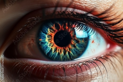 Human Cyborg AI Eye hyperopia. Eye Alpha agonist eye drop optic nerve lens dsek color vision. Visionary iris strabismus sight aqueous humor eyelashes photo