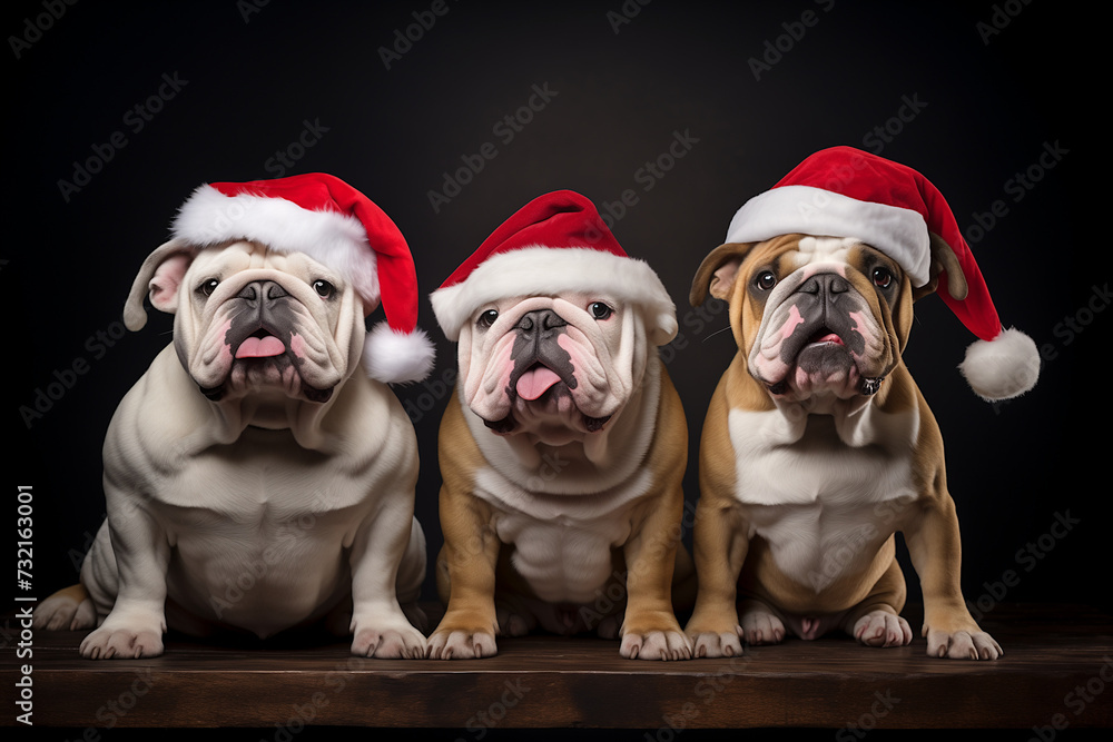 Cute English bulldogs wearing Santa hat