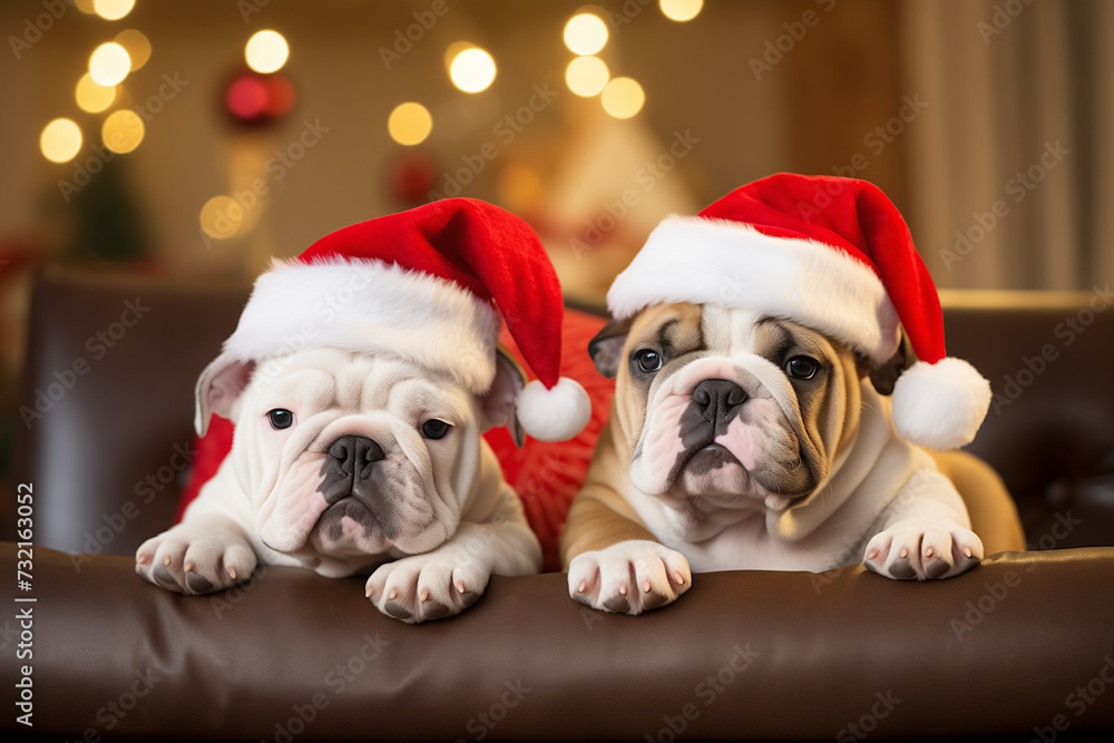 Cute bulldogs wearing Santa hat