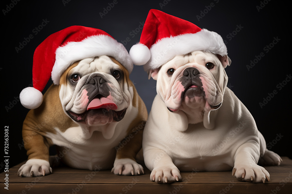 English bulldogs dressed in Santa hat