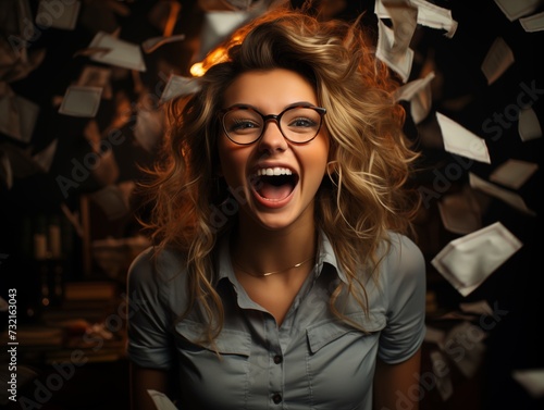Girl accountant employee screaming fun and papers flying around. Generated by AI