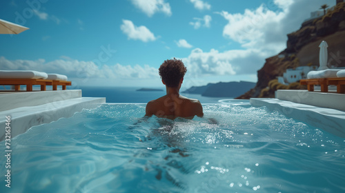 man relaxing in the infinity swimming pool looking at the ocean, a young man in the swimming pool relaxing looking out over the ocean caldera of Oia Santorini Greece 