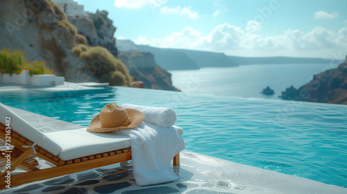 empty sunbed with  a hat and towels by a pool with an ocean view in Santorini Greece, European summer, infinity pool with chairs photo