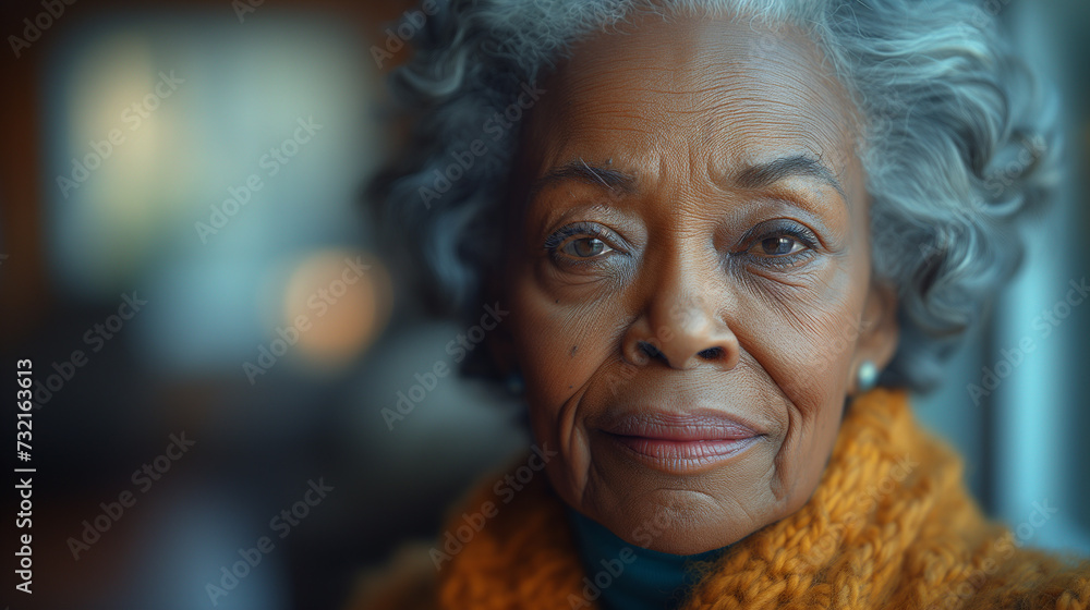 An Black senior African American elderly woman in a modern office with a soft bokeh blur background