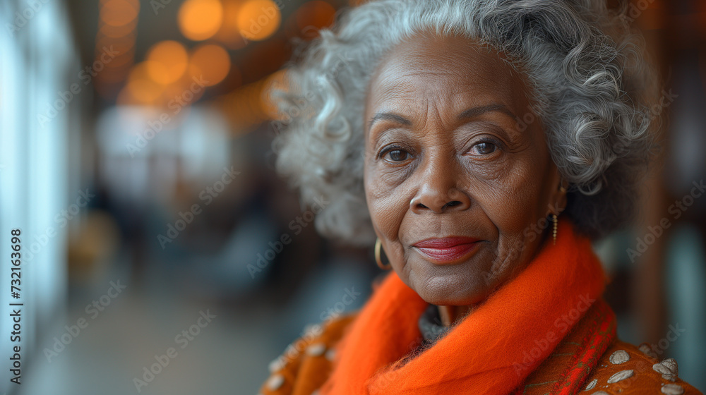 portrait of a person An African American elderly woman in a modern office looking into camera portrait of a person An African American elderly woman in a modern office looking into camera