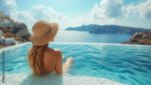 woman relaxing in the pool, Young woman on vacation at Santorini, women at the swimming pool looking out over the Caldera ocean of Santorini, Girl at the infinity pool Oia Santorini Greece, 