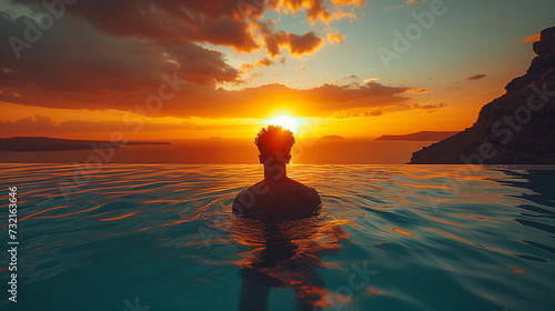 man relaxing in the infinity swimming pool looking at the ocean at sunset, a young man in the swimming pool relaxing looking out over the ocean caldera of Oia Santorini Greece on a sunny day © Fokke Baarssen