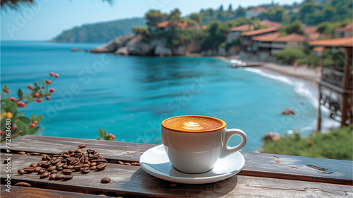 cup of coffee on the beach, Turkish breakfast with an ocean view, Turkish breakfast with a view over the ocean of Fethiye Turkey Mediterranean sea
