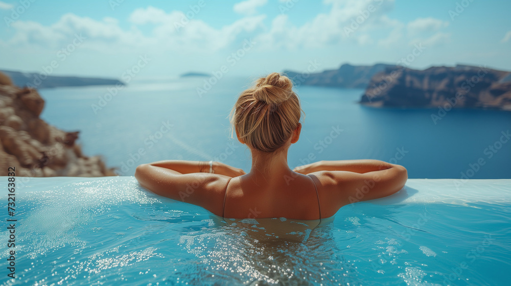 woman relaxing in the pool looking out over the ocean , Young woman on vacation at Santorini, women at the swimming pool looking out over the Caldera ocean of Santorini, Girl at the infinity pool Oia 
