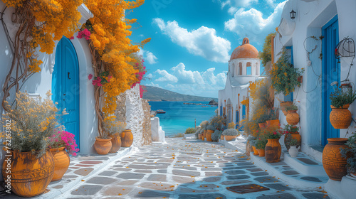 colorful Greek village with flowers in summer in Greece, view of the sea from the sea