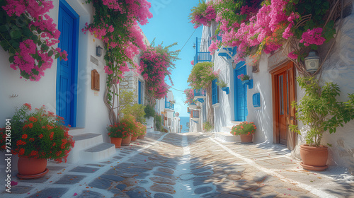 colorful Greek village with flowers in summer in Greece, houses in island city photo