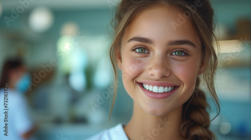 portrait of a woman smiling,dentist and a young woman check her teeth and smile after cleaning, braces, and dental consultation. Healthcare, dentistry, and a happy female patient with orthodontist