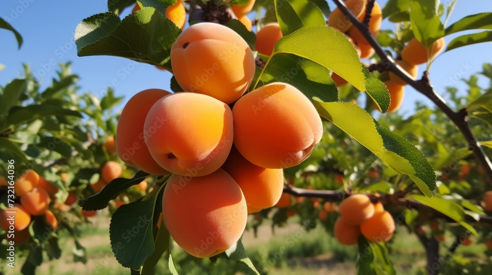 A bunch of ripe apricots on a branch. Neural network AI generated art