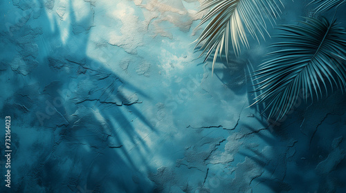 green palm leaves shadow with blue color texture pattern cement wall background
