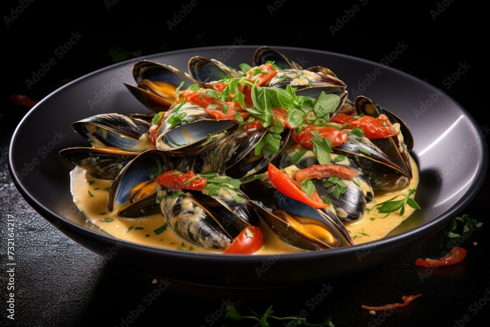 Mussels boiled restaurant. Cuisine dish. Generate AI Mussels boiled restaurant. Cuisine dish. Generate AI