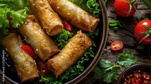 Fresh Fried Chinese Traditional Spring rolls food with green salad and tomato in dish. Traditional local food in asia.
